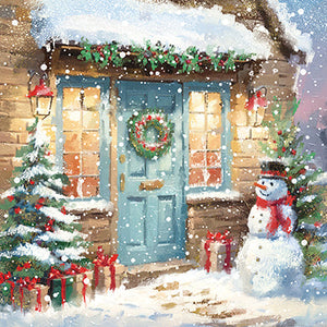 Christmas Cards - 10 Cards - Snowman & Red Door / Snowman & Blue Door