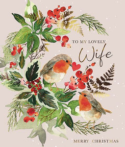 The Great British Card Company Christmas-Card-Wife-Robins-on-Foliage-Wreath, English Christmas Cards in France
