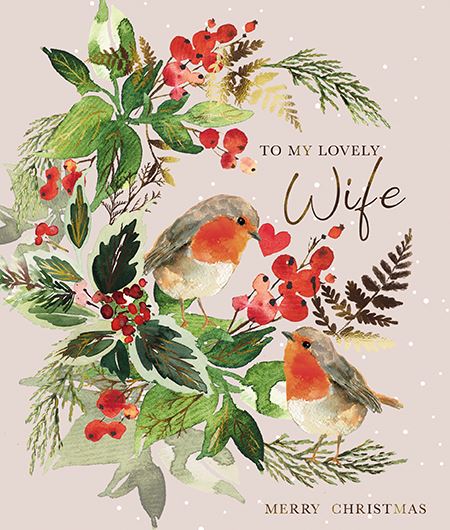 The Great British Card Company Christmas-Card-Wife-Robins-on-Foliage-Wreath, English Christmas Cards in France