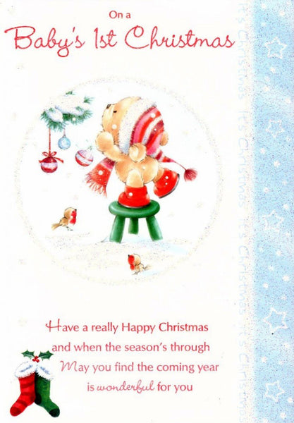 Christmas Card - Baby's 1st Christmas - Bear Decorating The Tree