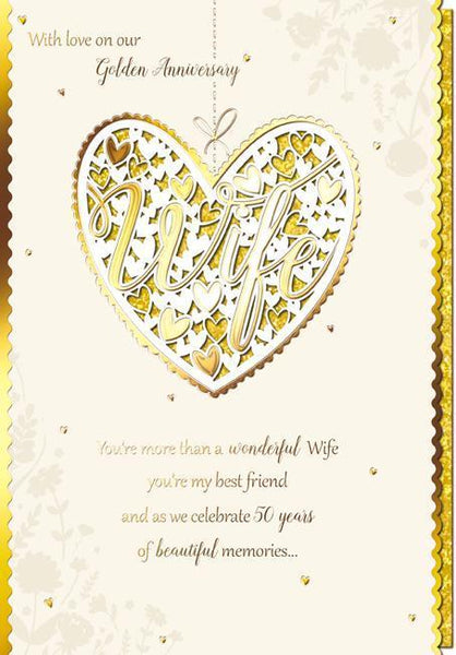 Anniversary Card - 50th Golden Anniversary Wife - Gold Heart