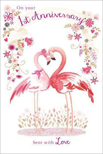 Anniversary Card - 1st Anniversary - Flamingo Heart