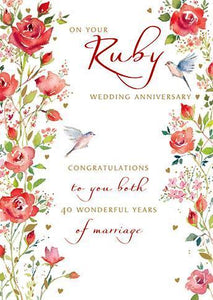 Anniversary Card - 40th Ruby Anniversary - Red Roses