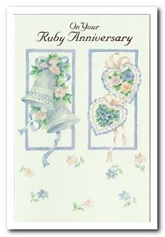 Anniversary Card - 40th Ruby Anniversary - Bells & Heart Cushions