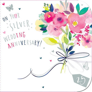 Anniversary Card - 25th Silver Anniversary - Pretty Peonies