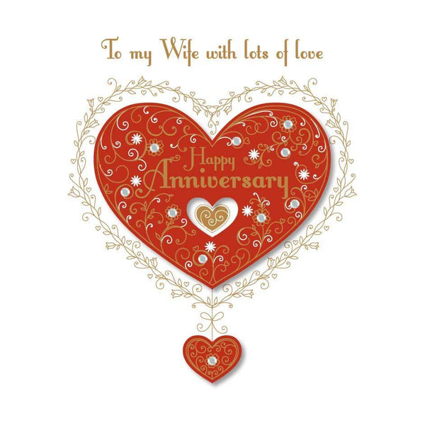 Anniversary Card - Wife Anniversary - Red Hanging Hearts