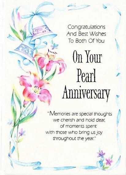 Anniversary Card - 30th Pearl Anniversary - Wedding Bells & Lilies