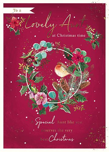 Christmas Card - Aunt - Robin Floral Wreath