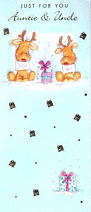Christmas Card - Auntie and Uncle - 2 Reindeers With Cards & Gift