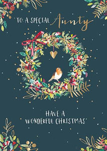 Christmas Card - Aunty - Christmas Wreath And Robin