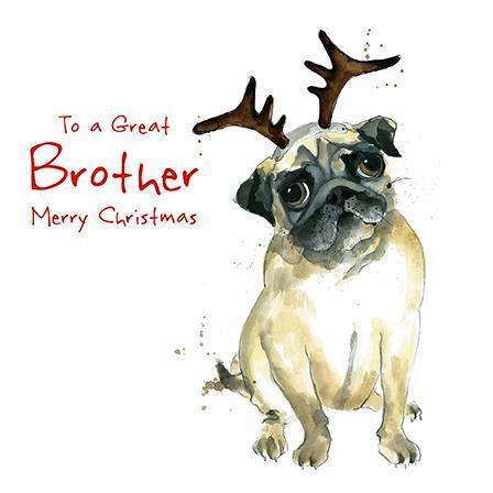 Christmas Card - Brother - Pug In Antlers
