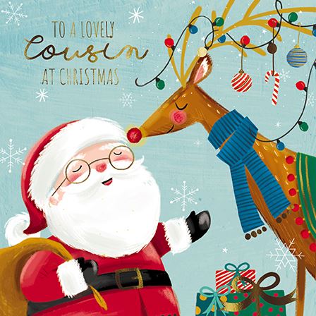 Christmas Card - Cousin - Santa And Reindeer