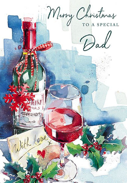Christmas Card - Dad - Wine Bottle & Holly