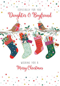 Christmas Card - Daughter and Boyfriend - Robins/Stocking