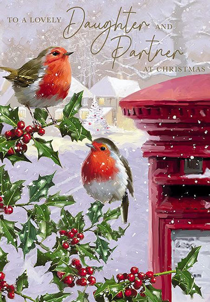 Christmas Card - Daughter and Partner - Two Robins On Holly Branch