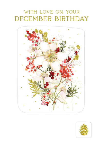 Christmas Card - December Birthday - Xmas Rose/Berries Press