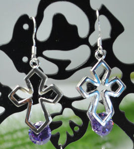 Jewellery - 925 Silver CZ Amethyst Cross Drop Earrings