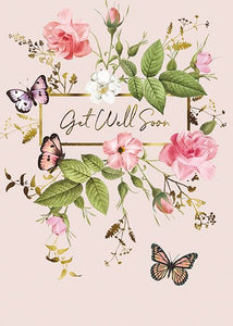Get Well Soon Card - Panel with Roses and Butterflies
