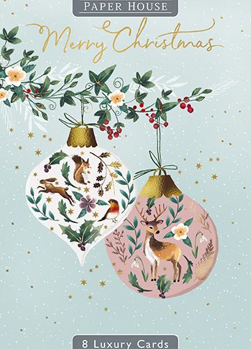 Christmas Cards - 8 Luxury Cards - Woodland Baubles