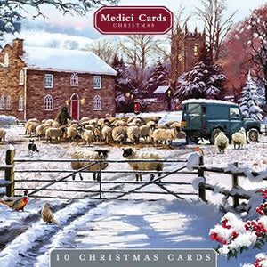 Christmas Cards - 10 Christmas Cards in Wallet Pack - Feeding The Sheep / Farmyard At Christmas