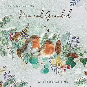 Christmas Card - Nan and Grandad - Two Robins On Tree Branch