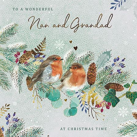 Christmas Card - Nan and Grandad - Two Robins On Tree Branch