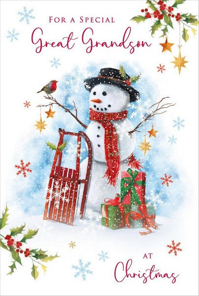 Christmas Card - Great-Grandson - Snowman/Sleigh
