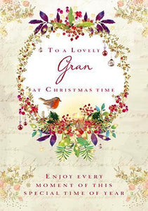 Christmas Card - Gran - Robin On Berry Wreath