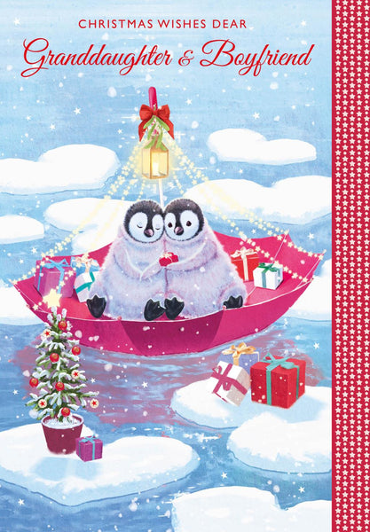 Christmas Card - Granddaughter and Boyfriend - Penguins Umbrella