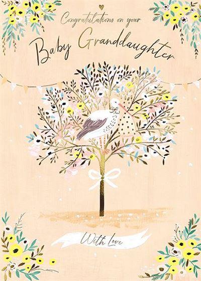 New Baby Card - Granddaughter - Stork In Tree