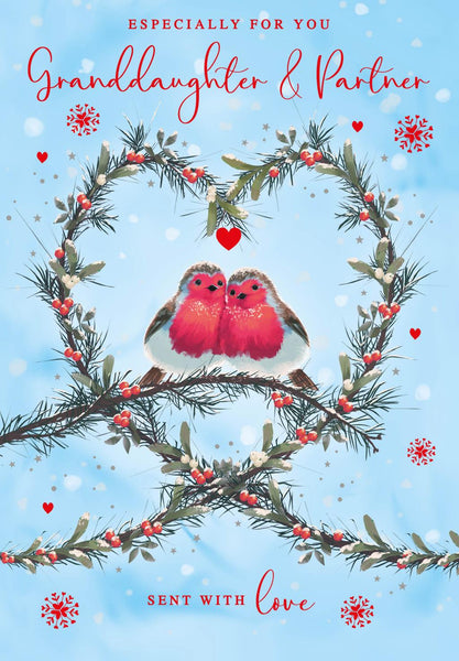 Christmas Card - Granddaughter and Partner - Robins/Heart Wreath