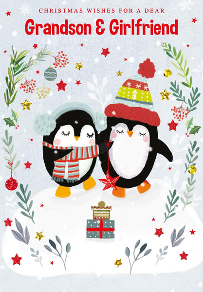 Christmas Card - Grandson and Girlfriend - Penguin Stars