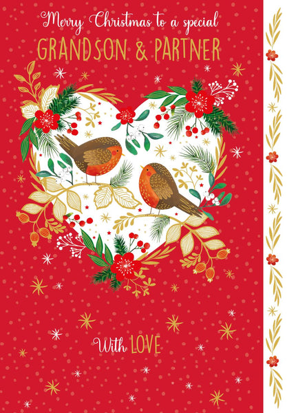 Christmas Card - Grandson and Partner - Robins in Heart