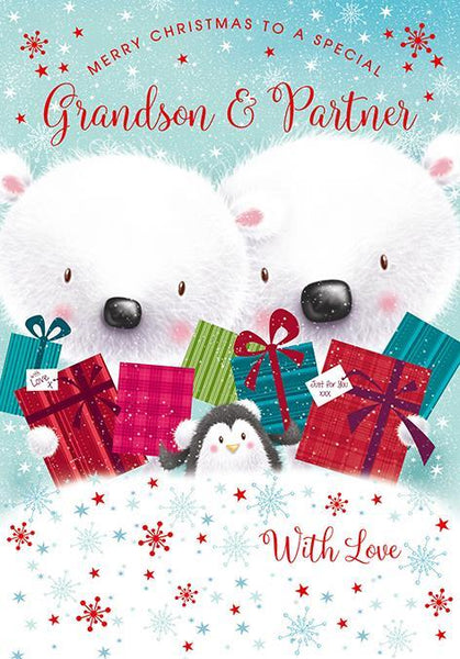 Christmas Card - Grandson and Partner - Polar Bears/Pressies