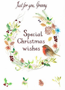 Christmas Card - Granny - Robin & Wreath