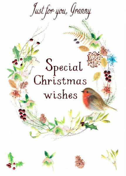Christmas Card - Granny - Robin & Wreath
