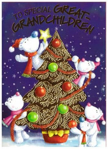 Christmas Card - Great-Grandchildren - Polar Bears Decorating The Tree
