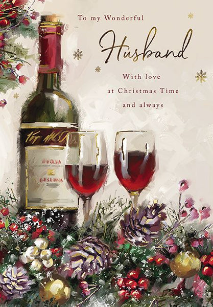 Christmas Card - Husband - Wine Bottle & Glasses