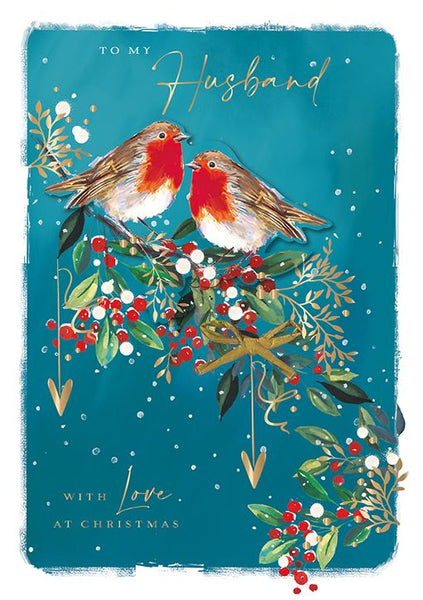 Christmas Card - Husband - Robins On Berries