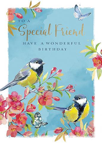 Birthday Card - Special Friend - Garden Birds On Quince Blossom