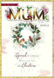 Christmas Card - Mum - Robin On Wreath
