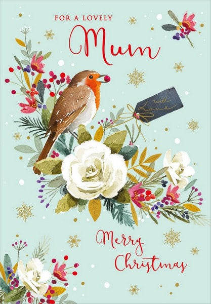 Christmas Card - Mum - Robin in White Roses