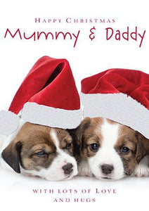Christmas Card - Mummy and Daddy - Puppies In Santa Hat