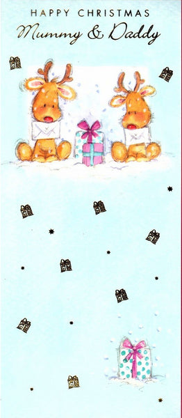 Christmas Card - Mummy and Daddy - 2 Reindeers With Cards & Present