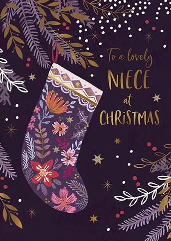 Christmas Card - Niece - Floral Stocking