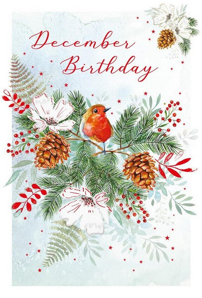 Christmas Card - December Birthday - Robin & Foliage