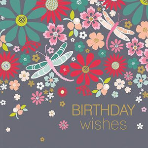 Birthday Card - Graphic Flowers & Dragonflies