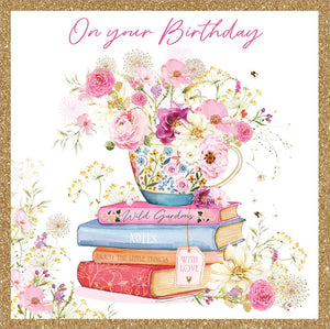 Birthday Card - Books & Teacups from Nigel Quiney Publications, English Cards in France