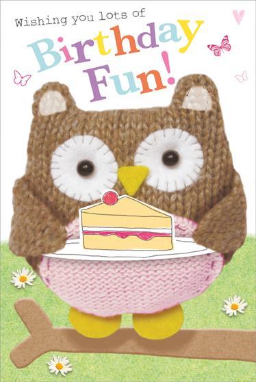 Children's Birthday Card - Knitted Owl/Cake