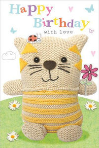 Children's Birthday Card - Knitted Cat/Flower